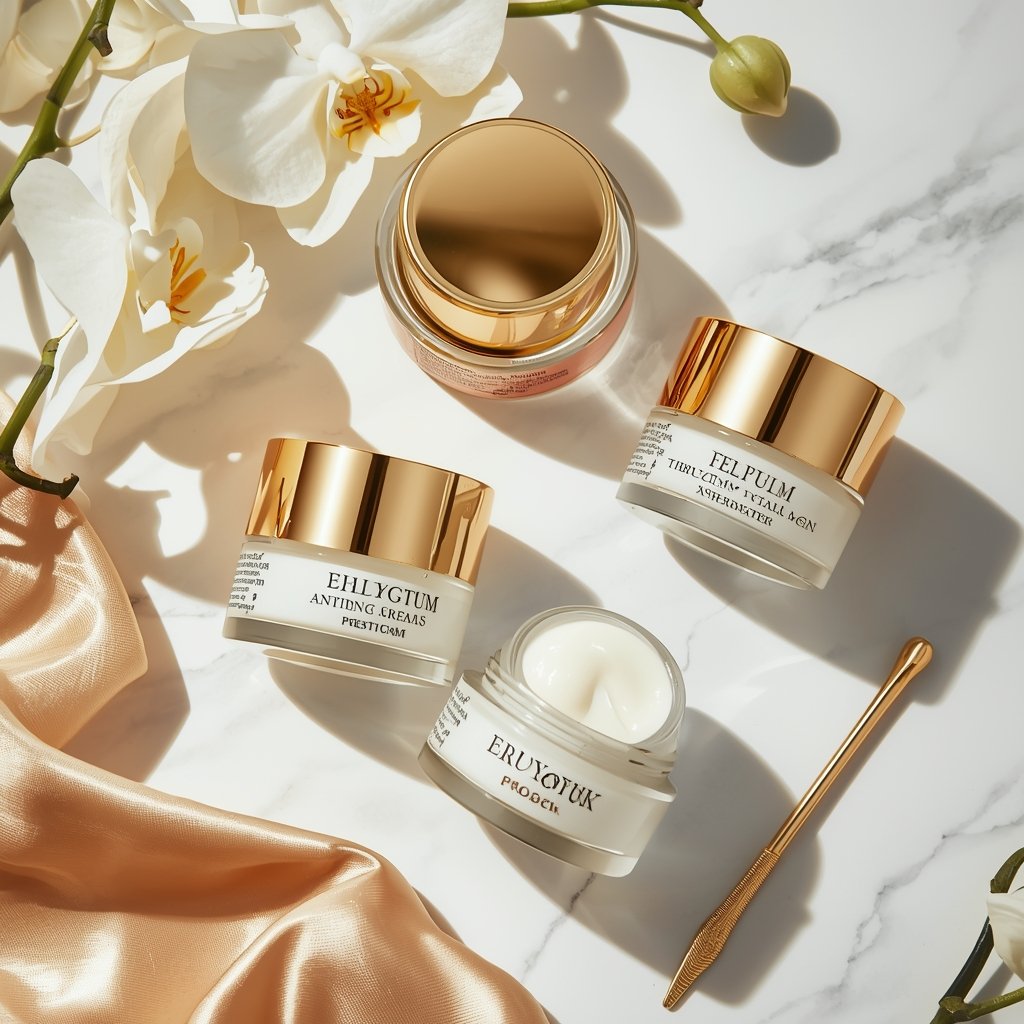 Lucid Origin A Highly Realistic Luxurious Flat Lay Photography Of Skincare Products. Three Pr 0