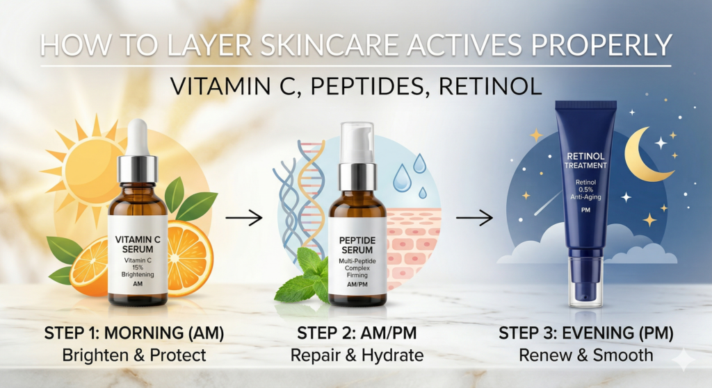 how to layer skincare actives properly vitamin c, retinol & peptides